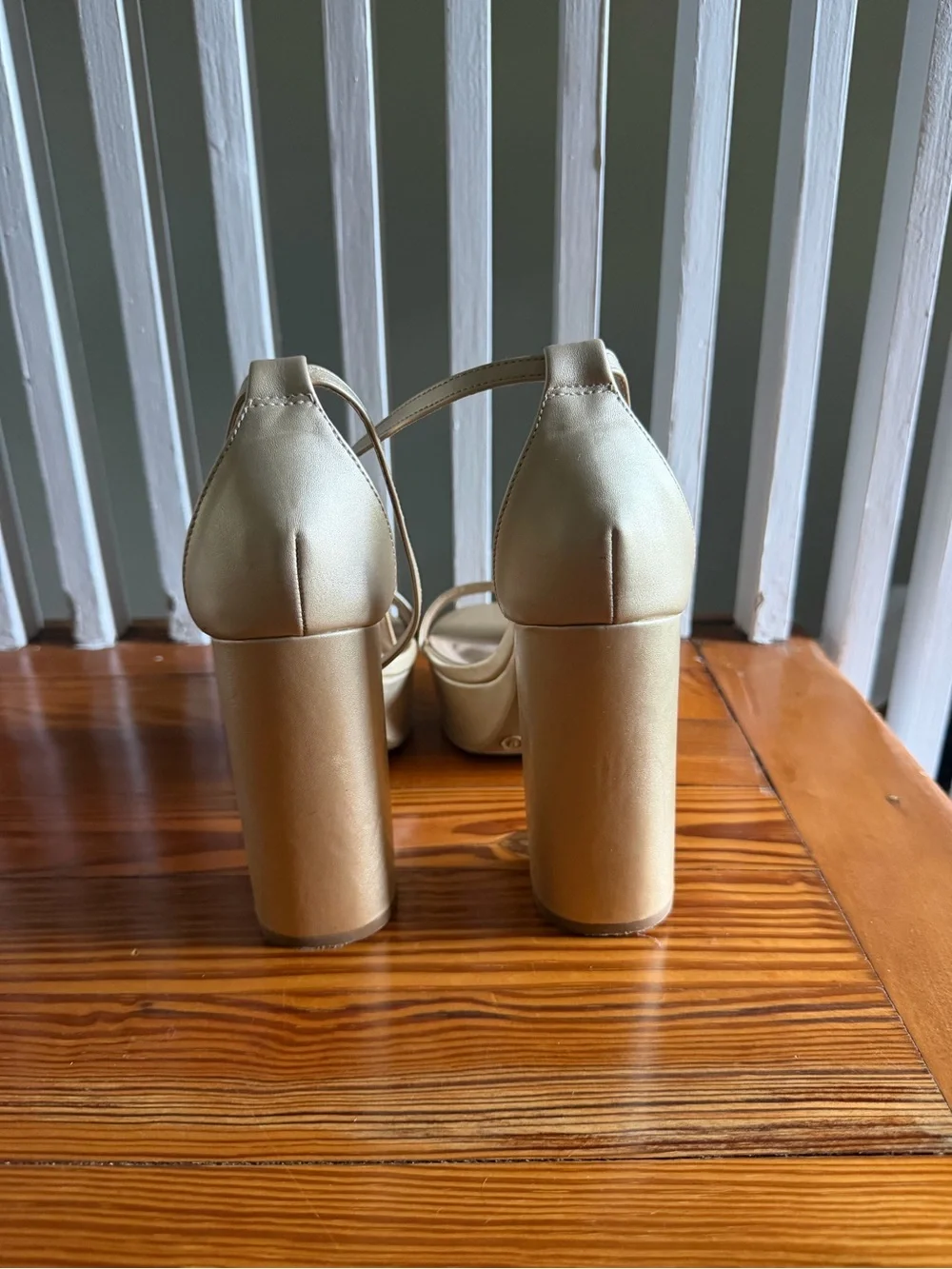 Lulus Neutral Beige & Gold Platform Block Heel Sandals with Ankle Strap - Size 9